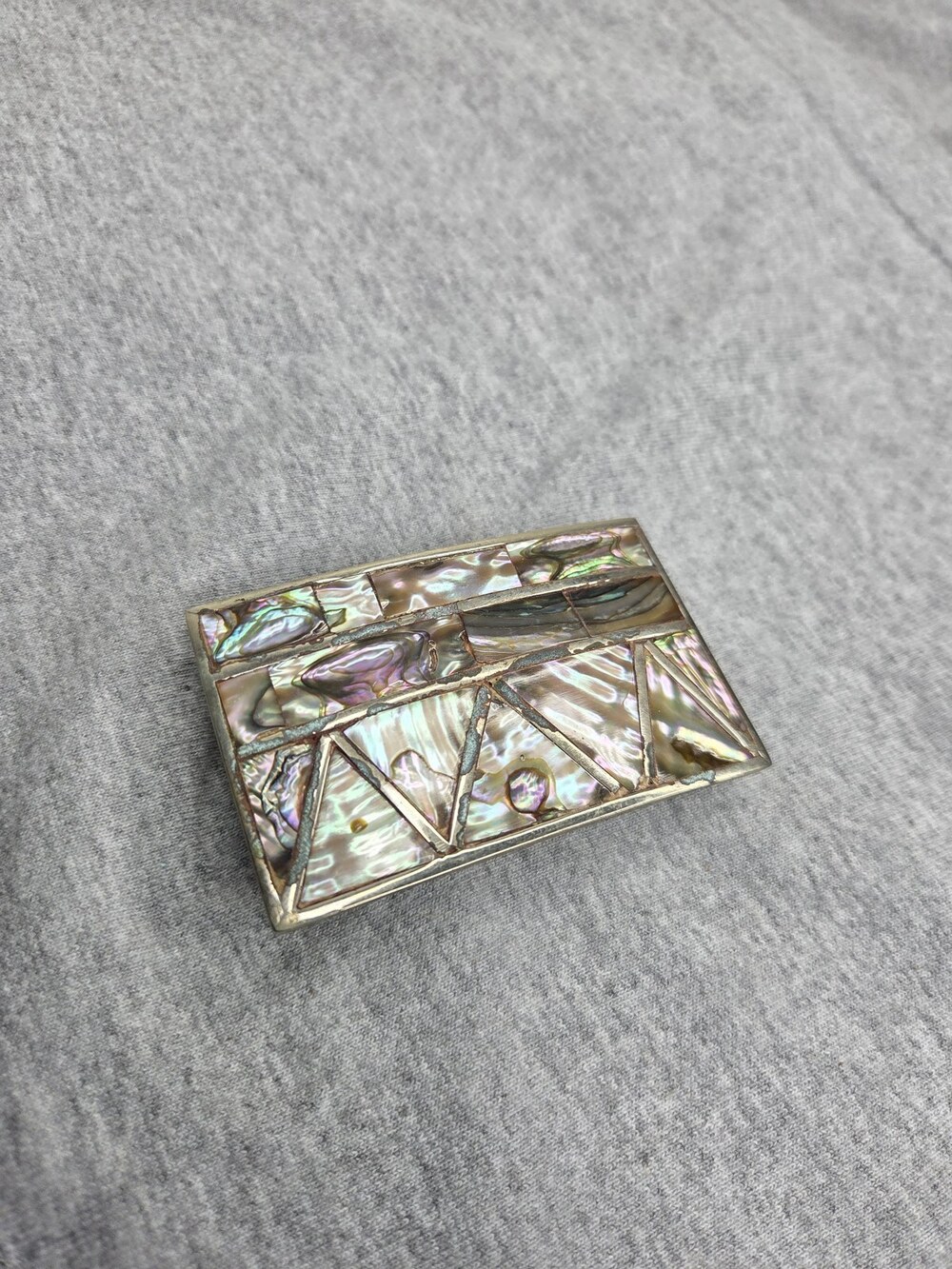 Vintage Abalone Shell Inlay Belt Buckle Alpaca Silver Hecho en Mexico Geometric